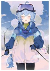 Rule 34 | 1girl, black pants, blue gloves, blue hair, blue jacket, blue sky, closed eyes, cloud, commentary, cowboy shot, ganyu (genshin impact), ganyu (winter olympics) (genshin impact), genshin impact, gloves, goggles, goggles on head, highres, jacket, long hair, open mouth, outdoors, pants, ryein, ski pole, skiing, sky, smile, snow, snowman, solo, tree, white jacket, winter clothes