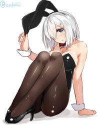 Rule 34 | 10s, 1girl, alternate costume, animal ears, arm support, bare shoulders, black footwear, black pantyhose, blue eyes, blush, breasts, detached collar, expressionless, fake animal ears, female focus, full body, hair ornament, hair over one eye, hairclip, hamakaze (kancolle), head tilt, high heels, isshiki (ffmania7), kantai collection, knees up, large breasts, legs together, leotard, looking at viewer, on floor, pantyhose, playboy bunny, rabbit ears, shoes, short hair, silver hair, sitting, sketch, solo, twitter username, white background, wrist cuffs