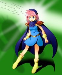 Rule 34 | 1990s (style), 1girl, beret, blue eyes, blue mage (final fantasy), boots, cape, earrings, female focus, final fantasy, final fantasy v, full body, gradient background, hat, jewelry, lenna charlotte tycoon, pink hair, retro artstyle, ruu (tksymkw), short hair, shoulder pads, solo, wristband