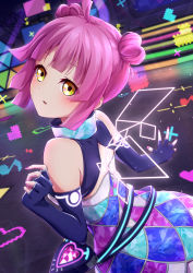 Rule 34 | 1girl, alternate hairstyle, analog heart (love live!), artist name, artist request, bag, bare shoulders, belt, belt pouch, black gloves, black sky, blunt bangs, blush, breasts, brown eyes, cloud, cross-laced clothes, cross-laced dress, double bun, double horizontal stripe, dress, dress shirt, elbow gloves, fake wings, female focus, fingerless gloves, floral print, from behind, gloves, hair bun, handbag, heart (symbol), high collar, highres, looking at viewer, looking back, love live!, love live! nijigasaki high school idol club, love live! school idol festival, love live! school idol festival all stars, miniskirt, multicolored clothes, multicolored dress, musical note, nail, nail polish, night, night sky, on stage, outdoors, parted lips, pink hair, pink nails, plaid, plaid skirt, pleated, pleated skirt, pouch, shirt, short hair, skirt, sky, sleeveless, sleeveless dress, smile, solo, stage, stage lights, stairs, tennoji rina, white skirt, wings, yellow eyes
