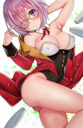 Rule 34 | 1girl, arm behind head, arm up, ass, bare legs, black-framed eyewear, black leotard, breasts, cleavage, coat, covered erect nipples, covered navel, cowboy shot, dated, detached collar, epaulettes, fate/grand order, fate (series), from side, glasses, hair over one eye, juggling club, large breasts, leg up, leotard, long sleeves, looking at viewer, looking to the side, mash kyrielight, mash kyrielight (welcome to the travelling circus!), official alternate costume, open clothes, open coat, pink hair, purple eyes, red coat, red ribbon, ribbon, seiru (prairie), short hair, signature, solo, standing, standing on one leg, strapless, strapless leotard, thighs, twisted torso, welcome to the travelling circus!