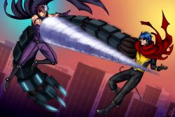 Rule 34 | 2boys, blue hair, building, highres, jacket, krohnen, multicolored hair, multiple boys, nameless (kof), snk, sunset, the king of fighters, two-tone hair, yellow jacket