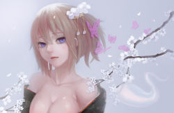 Rule 34 | 1girl, bare shoulders, blonde hair, blue eyes, breasts, bug, butterfly, cherry blossoms, cleavage, collarbone, flower, ghost, hair flower, hair ornament, highres, hitodama, insect, japanese clothes, kimono, large breasts, looking at viewer, mag (huangmag), off shoulder, out-of-frame censoring, saigyouji yuyuko, solo, touhou, twig, upper body
