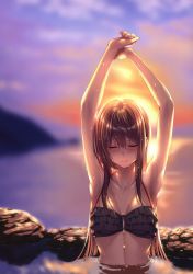 Rule 34 | 1girl, absurdres, arms up, bare arms, blurry, blurry background, blush, closed eyes, closed mouth, cloud, collarbone, hanikami kanojo, highres, lips, long hair, minazumi kasane, outdoors, partially submerged, piromizu, scan, sky, solo, sunset, water, water drop, wet
