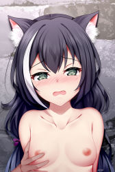 Rule 34 | 1girl, animal ear fluff, animal ears, black hair, blush, bow, breasts, cat ears, chrisandita, collarbone, embarrassed, fang, green eyes, hair between eyes, hair bow, highres, karyl (princess connect!), long hair, looking at viewer, multicolored hair, nipples, open mouth, princess connect!, purple bow, small breasts, solo focus, streaked hair, tears, two-tone hair, upper body, wavy mouth, white hair