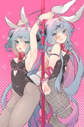 Rule 34 | 2girls, ace (playing card), ace of hearts, animal ears, bare shoulders, black leotard, black pantyhose, blue eyes, blue hair, blush, bow, card, clothing cutout, cuffs, cutout above navel, fake animal ears, fishnet pantyhose, fishnets, hair ornament, handcuffs, hatsune miku, heart, heart cutout, highres, implied bondage, leotard, long hair, looking at viewer, multiple girls, nekonika (e102k), object in bra, pantyhose, pink pupils, playboy bunny, playing card, pole, rabbit ears, rabbit hole (vocaloid), smile, stripper pole, teardrop facial mark, twintails, vocaloid, x hair ornament