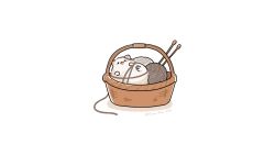 Rule 34 | :3, animal, animal focus, artist name, basket, black eyes, blush stickers, bound, dog, fluffy, fuwa fuwa dog, in basket, in container, knitting needle, lying, needle, no humans, open mouth, original, shadow, simple background, solid circle eyes, solo, tied up (nonsexual), twitter username, white background, yarn, yarn ball