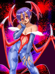 Rule 34 | 1girl, animal print, bare shoulders, bat print, blush, breasts, cameltoe, capcom, cleavage, contrapposto, demon girl, flat chest, head wings, highres, lilith aensland, looking at viewer, makita aoi, nail polish, naughty face, outline, pantyhose, purple hair, red eyes, red nails, short hair, small breasts, solo, tongue, tongue out, vampire (game), wings