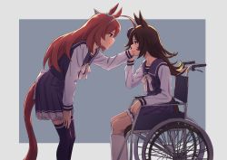 Rule 34 | 2girls, ahoge, animal ears, black headwear, black legwear, blue eyes, bow, brown hair, closed mouth, commentary request, crying, crying with eyes open, esubui, eye contact, grey background, hair between eyes, hand on another&#039;s cheek, hand on another&#039;s face, highres, horse ears, horse girl, horse tail, leaning forward, long hair, long sleeves, looking at another, mihono bourbon (umamusume), multiple girls, parted lips, pleated skirt, profile, purple eyes, purple shirt, purple skirt, rice shower (umamusume), school uniform, shirt, sitting, skirt, smile, standing, tail, tears, thighhighs, tilted headwear, tracen school uniform, two-tone background, umamusume, very long hair, wheelchair, white bow