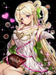 Rule 34 | 1girl, bare shoulders, black background, blonde hair, bow, braid, breasts, chocolate, circlet, cleavage, collar, dress, earrings, gambe, green bow, hair bow, hand up, head tilt, heart, holding, jewelry, large breasts, long hair, long sleeves, looking at viewer, mole, mole under eye, official art, parted lips, pinky out, purple eyes, sengoku collection, short dress, sitting, solo, sparkle, string, valentine, white dress, wings