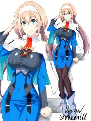 Rule 34 | 1girl, aqua eyes, artist name, baron (varon666), black pantyhose, blonde hair, blue dress, breasts, capelet, dress, earrings, full body, grey footwear, hair behind ear, hairband, highres, jewelry, large breasts, long hair, long sleeves, looking at viewer, low twintails, military, military uniform, mitsuba greyvalley, neck ribbon, necktie, pantyhose, red necktie, ribbon, salute, single earring, smile, solo, super robot wars, super robot wars 30, triangle earrings, twintails, uniform, very long hair, white capelet, white hairband, zoom layer