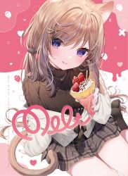 Rule 34 | 1girl, animal ear fluff, animal ears, bad id, bad pixiv id, black socks, black sweater, brown hair, cat ears, cat hair ornament, closed mouth, commentary request, cover, cover page, crepe, food, grey skirt, hair ornament, hairclip, highres, holding, holding food, jacket, leo (mafuyu), licking lips, long hair, long sleeves, looking at viewer, mafuyu (chibi21), multicolored hair, multicolored nails, nail polish, no shoes, off shoulder, original, pink background, pleated skirt, purple eyes, purple hair, purple nails, ribbed sweater, signature, sitting, skirt, sleeves past wrists, smile, socks, soles, solo, streaked hair, sweater, tongue, tongue out, turtleneck, turtleneck sweater, very long hair, wariza, white background, white jacket