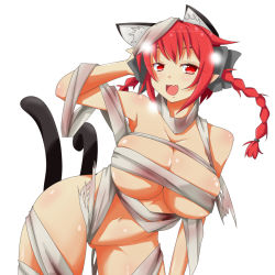 Rule 34 | 1girl, alternate costume, animal ears, bandaged arm, bandaged leg, bandages, bow, braid, breasts, budget sarashi, cat ears, cat tail, extra ears, fang, hair bow, highres, himenomikan, kaenbyou rin, large breasts, multiple tails, mummy, mummy costume, naked bandage, nekomata, open mouth, red eyes, red hair, sarashi, solo, tail, touhou, twin braids, two tails