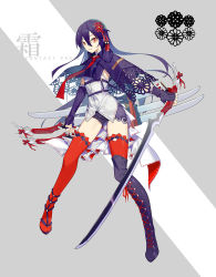 Rule 34 | 1girl, boots, capelet, closed mouth, contrapposto, fingerless gloves, gloves, hair between eyes, hair ornament, hearts recollection, highres, holding, holding sword, holding weapon, knee boots, long hair, looking at viewer, necktie, purple capelet, purple footwear, purple gloves, purple hair, purple shorts, red eyes, red necktie, red thighhighs, sandals, short shorts, shorts, single boot, smile, solo, sword, tassel, thighhighs, weapon, yamakawa