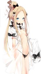 Rule 34 | 1girl, abigail williams (fate), absurdres, alternate costume, asymmetrical clothes, asymmetrical sleeves, bear hair ornament, black panties, blonde hair, blue eyes, blush, bow, bow panties, breasts, commentary, cowboy shot, fate/grand order, fate (series), hair bun, hair ornament, hair ribbon, highres, long hair, looking at viewer, navel, panties, parted bangs, revealing clothes, ribbon, see-through, silver (chenwen), simple background, single hair bun, small breasts, solo, underwear, uneven sleeves, very long hair, white background
