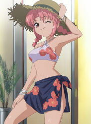 Rule 34 | 1girl, bare shoulders, bikini, bracelet, breasts, closed mouth, earrings, female focus, flower, hat, hibiscus, highres, indoors, jewelry, legs, mahoraba, medium breasts, momono megumi, navel, one eye closed, pink hair, plant, sarong, smile, solo, standing, stitched, swimsuit, third-party edit