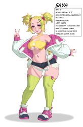 Rule 34 | 1girl, absurdres, bare arms, bare shoulders, blonde hair, breasts, chipped tooth, cleavage, cleavage cutout, clothing cutout, english text, freckles, green hair, green thighhighs, highres, jacket, large breasts, looking at viewer, multicolored hair, multicolored nails, navel, open clothes, open jacket, riz, saya (riz), short twintails, smile, solo, standing, thick eyebrows, thick thighs, thighhighs, thighs, twintails, underboob, underboob cutout