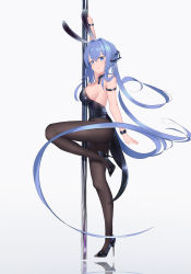 Rule 34 | 1girl, absurdres, animal ears, ass, azur lane, black pantyhose, blue eyes, blush, bracelet, breasts, closed mouth, gradient background, hair between eyes, high heels, highres, jewelry, large breasts, legs, leotard, long hair, looking at viewer, new jersey (azur lane), new jersey (exhilarating steps!) (azur lane), official alternate costume, pantyhose, playboy bunny, pole, pole dancing, sideboob, simple background, smile, solo, stripper pole, very long hair, yinori