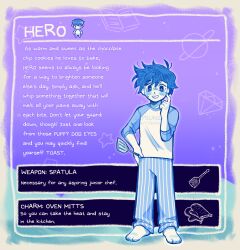 Rule 34 | 1boy, artist name, barefoot, blue eyes, blue hair, blush, character name, colored skin, english text, hero (omori), highres, holding, holding spatula, long sleeves, looking at viewer, omori, open mouth, pants, short hair, smile, solo, spatula, spoilers, white skin, zipsunz