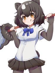 Rule 34 | 1girl, :q, animal ears, bear ears, bear girl, paw stick, bear tail, black pantyhose, black skirt, blouse, blue bow, blue bowtie, bob cut, bow, bowtie, brown bear (kemono friends), brown eyes, brown hair, closed mouth, collared shirt, cowboy shot, fingerless gloves, gloves, highres, holding, holding weapon, kemono friends, layered sleeves, long sleeves, looking at viewer, miniskirt, pantyhose, pleated skirt, shirt, short hair, short over long sleeves, short sleeves, simple background, skirt, smile, solo, standing, suya kita, tail, tongue, tongue out, weapon, white background, white shirt