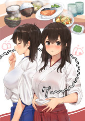 Rule 34 | 2girls, akagi (kancolle), bad id, bad pixiv id, black hair, blue hakama, blush, bowl, brown eyes, chopsticks, closed eyes, commentary request, food, glass, hakama, hakama short skirt, hakama skirt, hand to own mouth, hands on own stomach, highres, hungry, imagining, japanese clothes, kaga (kancolle), kantai collection, long hair, multiple girls, osananajimi neko, red hakama, rice, rice bowl, salmon, side ponytail, simple background, skirt, spoken food, stomach growling, straight hair, thought bubble, upper body, white background