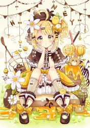 Rule 34 | 1girl, :o, ahoge, animal, animal on head, bee, bird, bird on head, blonde hair, bloomers, blush, boots, bow, bug, capelet, flower, frilled capelet, frills, green eyes, hair bow, hair flower, hair ornament, hairpin, hat, head rest, highres, honey, insect, jar, kneehighs, looking at viewer, mary janes, on head, original, plant, potted plant, sakura oriko, shoes, side ponytail, sitting, socks, solo, string of flags, underwear, wristband, yellow bow