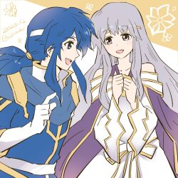 Rule 34 | 1boy, 1girl, blue eyes, blue hair, brother and sister, circlet, dress, fire emblem, fire emblem: genealogy of the holy war, headband, highres, julia (fire emblem), long hair, looking at another, nintendo, open mouth, ponytail, purple eyes, purple hair, seliph (fire emblem), siblings, simple background, te1nachi, white headband
