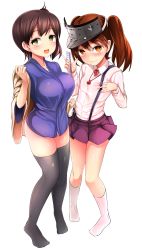 Rule 34 | 10s, 2girls, absurdres, age difference, blush, breasts, brown eyes, brown hair, dress shirt, flat chest, full body, highres, japanese clothes, kaga (kancolle), kantai collection, kuku123, large breasts, long hair, multiple girls, onee-loli, ruler, ryuujou (kancolle), shirt, short hair, side ponytail, simple background, skirt, smile, suspenders, thighhighs, transparent background, twintails, visor cap