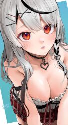 Rule 34 | 1girl, black hair, blue background, blush, breasts, camisole, choker, cleavage, collarbone, esc1 2d, grey hair, hair ornament, hairpin, highres, hololive, large breasts, light blush, multicolored hair, multiple hairpins, orange eyes, parted lips, pleated skirt, red skirt, sakamata chloe, sakamata chloe (1st costume), skirt, solo, streaked hair, virtual youtuber, white background, white camisole, x hair ornament