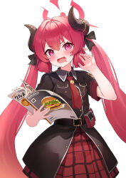 Rule 34 | 1girl, belt, black belt, black horns, black shirt, blue archive, blush, book, collared shirt, demon horns, drooling, fang, hair between eyes, halo, highres, holding, holding book, horns, junko (blue archive), long hair, mimihachi, mouth drool, necktie, open mouth, pleated skirt, pointy ears, red eyes, red hair, red halo, red necktie, red skirt, revision, shirt, simple background, skin fang, skirt, solo, twintails, white background