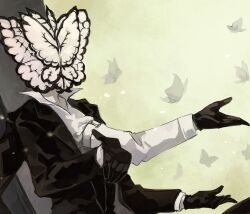 Rule 34 | 115 koubunshi, 1boy, animal head, black gloves, black jacket, bug, butterfly, collared shirt, extra arms, formal, funeral of the dead butterflies, gloves, highres, insect, jacket, lobotomy corporation, long sleeves, project moon, shirt, solo, suit, upper body, white background, white shirt
