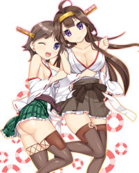 Rule 34 | 10s, 2girls, ;d, ahoge, ass, blue eyes, boots, breasts, brown hair, cleavage, detached sleeves, frilled skirt, frills, hairband, hiei (kancolle), highres, japanese clothes, kantai collection, kongou (kancolle), large breasts, looking at viewer, miniskirt, multiple girls, no panties, nontraditional miko, one eye closed, open mouth, personification, plaid, plaid skirt, purple eyes, siblings, sideboob, sisters, skirt, smile, thigh boots, thighhighs, totto, wide sleeves, wink, zettai ryouiki