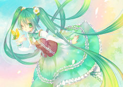 Rule 34 | 1girl, aqua eyes, aqua hair, bad id, bad pixiv id, boots, bow, bowtie, bug, butterfly, dress, female focus, flower, fuyu mochi, gradient background, green eyes, green hair, hair flower, hair ornament, hatsune miku, insect, long hair, matching hair/eyes, one eye closed, smile, solo, sparkle, twintails, very long hair, vocaloid, wink