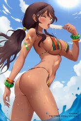 Rule 34 | abs, andromeda (fate), andromeda (second ascension) (fate), ass, bikini, bikini under clothes, blue sky, bracelet, braid, breasts, cloud, cloudy sky, criss-cross halter, crown braid, dark-skinned female, dark skin, day, fate/grand order, fate (series), food, halterneck, highleg, highleg bikini, highres, jewelry, large breasts, low ponytail, multicolored bikini, multicolored clothes, one eye closed, partially submerged, popsicle, rainbow bikini, sky, summer, sun, swimsuit, tan, tongue, tongue out, xkzan