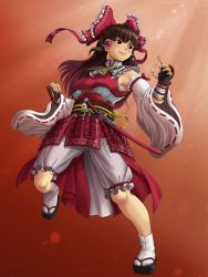 Rule 34 | 1girl, armor, black gloves, bloomers, blush, bow, breasts, brown hair, brown sash, clenched hand, closed mouth, commentary request, cookie (touhou), detached sleeves, fingerless gloves, frilled bow, frilled hair tubes, frills, full body, geta, gloves, hair bow, hair tubes, hakurei reimu, highres, japanese armor, kanna (cookie), katana, kusazuri, large breasts, long hair, looking to the side, obi, parasite oyatsu, red bow, red shirt, red skirt, ribbon-trimmed sleeves, ribbon trim, sarashi, sash, scabbard, sheath, shirt, skirt, sleeveless, sleeveless shirt, solo, sword, tabi, touhou, underwear, vambraces, weapon, white legwear, white sleeves, yin yang, yin yang print