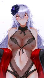 Rule 34 | 1girl, absurdres, artist request, azur lane, bare shoulders, black one-piece swimsuit, blush, breasts, cleavage, clothing cutout, collarbone, cowboy shot, cross, crossed bangs, flower, gradient background, graf zeppelin (azur lane), graf zeppelin (beachside urd) (azur lane), hair between eyes, hair flower, hair ornament, hands up, head tilt, highleg, highres, impossible clothes, impossible swimsuit, iron cross, large breasts, leg up, long hair, looking at viewer, messy hair, misono chiaki, navel, navel cutout, nipples, off shoulder, one-piece swimsuit, parted lips, petals, red eyes, see-through, sidelocks, signature, silver hair, simple background, skindentation, smile, solo, stomach, swimming, swimsuit, taut clothes, taut swimsuit, thighs, upper body, very long hair