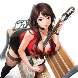 Rule 34 | 1girl, ahoge, animification, bench, between breasts, black thighhighs, breasts, brown eyes, brown hair, choker, cleavage, fishnet thighhighs, fishnets, garter straps, guitar, instrument, jewelry, kneeling, large breasts, leaning forward, lips, long hair, necklace, real life, sano toshihide, skirt, solo, takizawa nonami, tank top, thighhighs, zettai ryouiki