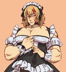 Rule 34 | 1boy, alternate costume, bell, black choker, black dress, black thighhighs, blonde hair, blush, brown eyes, choker, closed mouth, collarbone, commentary, crossed bangs, dress, english commentary, frilled dress, frills, frown, furuyawn, hair between eyes, highres, leobel purson, maid, maid headdress, male focus, multicolored hair, nexas (vtuber), orange background, puffy sleeves, red hair, solo, streaked hair, thighhighs, virtual youtuber, wrist cuffs
