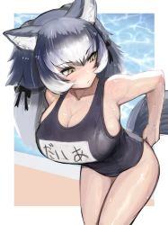 Rule 34 | 1girl, :/, adjusting clothes, adjusting swimsuit, alternate breast size, animal ears, black one-piece swimsuit, blue hair, blush, breasts, cleavage, closed mouth, dire wolf (kemono friends), empty eyes, hair ribbon, highres, huge breasts, kemono friends, large breasts, leaning forward, long hair, looking back, looking down, multicolored hair, one-piece swimsuit, ribbon, school swimsuit, shibori kasu, skindentation, solo, swimsuit, tail, two-tone hair, wet, white hair, wolf ears, wolf girl, wolf tail, yellow eyes