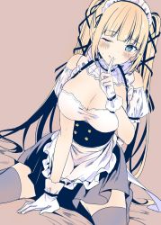 Rule 34 | 1girl, ;q, bare shoulders, black thighhighs, blonde hair, blue eyes, breasts, cleavage, gloves, highres, long hair, looking at viewer, maid, one eye closed, original, smile, solo, thighhighs, tongue, tongue out, twintails, very long hair, white gloves, yu yu
