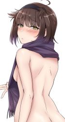 Rule 34 | 1girl, ahoge, ass, back, black headband, blush, breasts, brown hair, from behind, hatsuzuki (kancolle), headband, highres, kantai collection, kiritto, looking at viewer, looking back, medium breasts, naked scarf, purple scarf, scarf, short hair, sideboob, simple background, solo, white background, yellow eyes