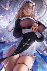 Rule 34 | 1girl, aponia (honkai impact), black choker, blonde hair, blue eyes, breasts, bug, butterfly, choker, habit, hair between eyes, honkai (series), honkai impact 3rd, insect, large breasts, lips, long hair, looking at viewer, mole, mole under eye, nun, olchas, own hands clasped, own hands together, solo, thighlet, thighs, underboob, watermark