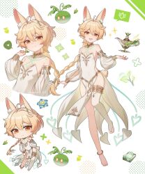 1boy :d aether_(genshin_impact) animal_ear_fluff animal_ears anklet asymmetrical_legwear barefoot blonde_hair blue_flower bridal_legwear chibi commentary_request cropped_torso crossdressing detached_sleeves dress feet flower full_body genshin_impact gold_necklace gold_thighlet heart highres jewelry male_focus multiple_views necklace open_mouth orange_eyes raramuda_0101 single_bridal_legwear single_thighhigh slime_(genshin_impact) smile spoken_heart strapless strapless_dress thighhighs thighlet toes trap white_dress white_thighhighs