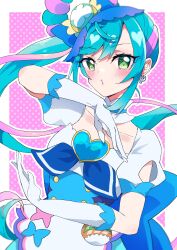 Rule 34 | 1girl, absurdres, back bow, blue bow, blue hair, bow, brooch, commentary, cure spicy, delicious party precure, dress, earrings, fuwa kokone, gloves, green eyes, hair bow, hair ornament, heart, heart brooch, highres, huge bow, jewelry, long hair, looking at viewer, magical girl, medium dress, mikorin, pam-pam (precure), pink background, precure, side ponytail, smile, very long hair, white background, white gloves, wide ponytail