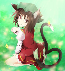 Rule 34 | 1girl, animal ears, bad id, bad pixiv id, brown hair, cat ears, cat girl, cat tail, chen, earrings, female focus, full body, hat, jewelry, kanaria (fuusenkazura), multiple tails, nature, outdoors, paw pose, red eyes, short hair, solo, tail, touhou