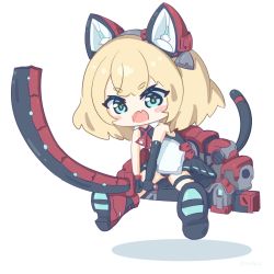 Rule 34 | 1girl, animal ears, armpit crease, artery gear, artery gear: fusion, asymmetrical gloves, bad id, bad pixiv id, black gloves, blonde hair, blue eyes, blush, boots, cat ears, cat tail, chibi, eyeshadow, fang, gloves, holding, holding weapon, jumping, katie (artery gear), makeup, mecha musume, mechanical ears, mechanical tail, necktie, open mouth, paw print, pelvic curtain, pleated skirt, red necktie, rigging, shadow, short hair, simple background, skin fang, skirt, slashing, solo, tail, thick eyebrows, thigh strap, thighs, umihio, uneven gloves, v-shaped eyebrows, weapon, white background, yellow eyeshadow