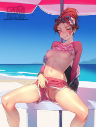 Rule 34 | 1girl, beach, blush, breasts, brown hair, clothes lift, clothes pull, d.va (overwatch), facial mark, flashing, flower, flower on head, heart-shaped sunglasses, licking lips, nail polish, nipples, ocean, outdoors, overwatch, overwatch 2, pandami, ponytail, pussy, pussy peek, shirt lift, shorts, shorts pull, sitting, small breasts, solo, spread legs, tongue, tongue out, uncensored, upshorts, waveracer d.va