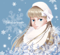 Rule 34 | 1girl, bad id, bad pixiv id, beret, blue eyes, bow, brown hair, english text, face, female focus, gundam, gundam wing, hat, highres, infinity scarf, long hair, looking at viewer, rei (usabiba), relena peacecraft, scarf, snowflakes, solo, white hat, white scarf
