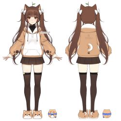 Rule 34 | 1girl, :3, animal ears, animal slippers, bad id, bad pixiv id, black skirt, blush, bow, brown eyes, brown footwear, brown hair, brown hoodie, brown thighhighs, closed mouth, clothes writing, commentary request, copyright request, dog ears, dog slippers, drawstring, hair bow, highres, hood, hood down, hoodie, long hair, long sleeves, looking at viewer, multiple views, pleated skirt, puffy long sleeves, puffy sleeves, sidelocks, simple background, skirt, sleeves past wrists, slippers, standing, terupancake, thighhighs, turnaround, twintails, twitter username, very long hair, virtual youtuber, watermark, white background, white bow, x anus