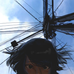 Rule 34 | 1girl, absurdres, black eyes, black hair, blue sky, commentary, day, english commentary, faiz azhar, floating hair, highres, looking at viewer, original, outdoors, peeking out, power lines, riva isamu, selfie, short hair, sky, solo, utility pole